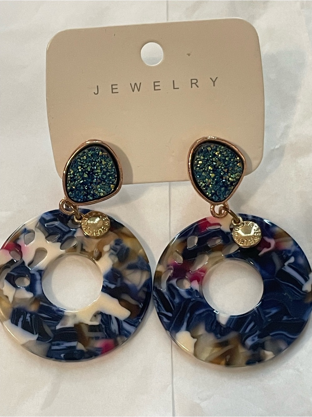 Round Resin Drop Earrings with Blue Druzy Accents
